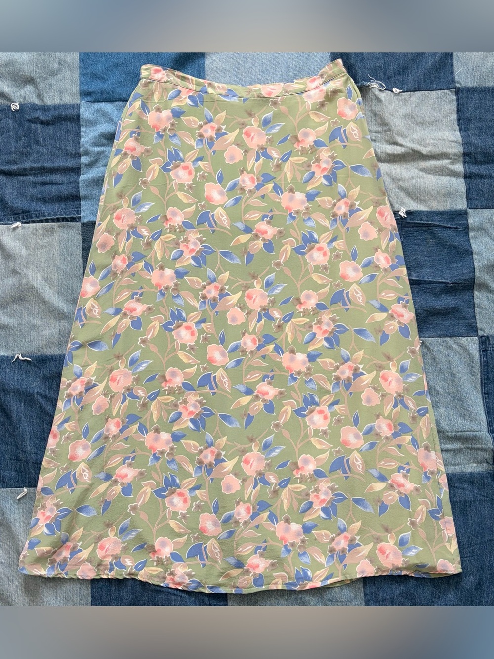 vintage 100% silk JM studio maxi skirt green blue pink floral patterned size L